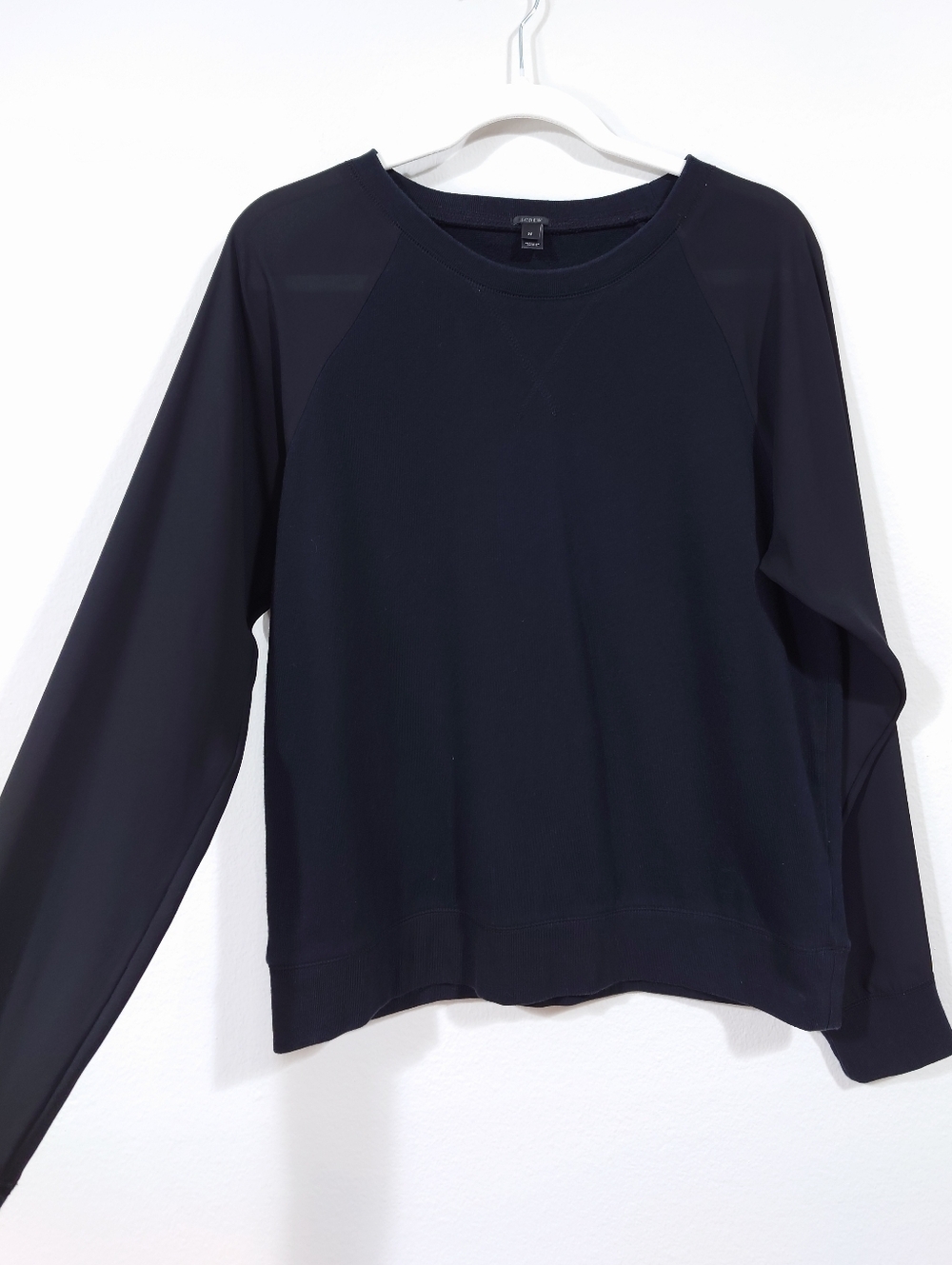 J.Crew Black Mixed Media SweatshirtSheer Sleeve Crewneck Pullover Size M